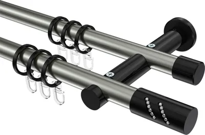 Produktbild von Interdeco Gardinenstange / Vorhangstange Edelstahl-Optik / Schwarz, Typ Platon Zoena (Glitzerzylinder), 20 mm Ø 2-läufig, 280 cm