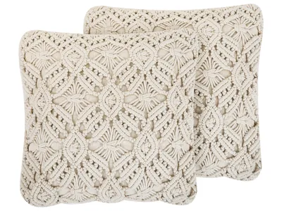 Zdjęcie produktu dla BELIANI Poduszki beżowe bawełniane makrama plecione 50 x 50 cm z wypełnieniem zestaw 2 akcesoria boho retro salon sypialnia