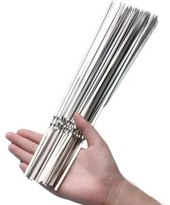 Obrázek produktu pro Sada 50 kovových špejlí, délka 35 cm. Nerezové grilovací špejle, vhodné pro styk s potravinami a odolné proti korozi. Ideální pro grilování masa, zeleniny a kebabů. S ergonomickou rukojetí