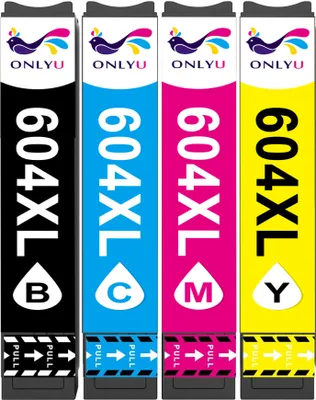 Four printer ink cartridges lined up against a white background.