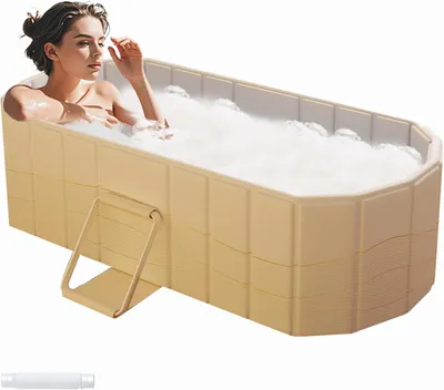 Produktbild von Faltbare Badewanne, 150 x 55 x 50 cm, tragbare, freistehende Badewanne für Erwachsene, einfache Eisbadwanne mit Ablaufrohr und Kissen, extra groß und isoliert