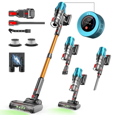 A collage of a cordless vacuum cleaner and its accessories, including a charging station, filters, and different attachments, along with a circular display unit.