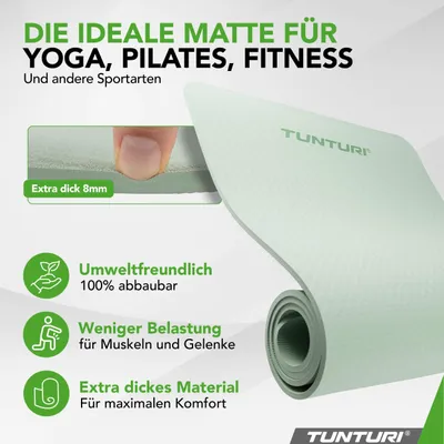 Produktbild von Tunturi Dicke Yogamatte 8mm - Rutschfest Gymnastikmatte  - Mit Tragegurt - Für Yoga und Pilates -  Sportmatte 183x61x0,8cm -Schadstofffrij - Besonders komfortabel - Mint