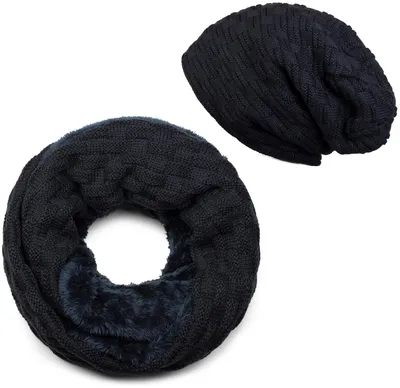 Produktbild von styleBREAKER Strick Loop Schal und Beanie Mütze Set mit Flecht Muster, Fleece Innenfutter, Winter, Uni 01018211