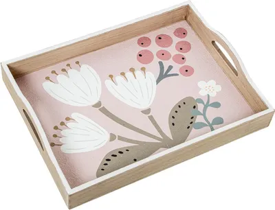 Produktbild von Weißes Holztablett mit Blumen, 40 x 30 x 7 cm