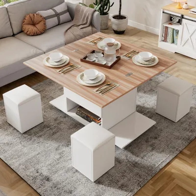 Image de Table basse réglable en hauteur, dimensions 100x100x63,5 cm, avec 4 tabourets, couleur blanche et imitation bois