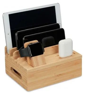 Imagen del producto de Base de carga Relaxdays para Apple Watch, de bambú, con dimensiones de 11 x 17 x 13 cm. También sirve como soporte para teléfonos móviles y tabletas, y como reposa-relojes, con un diseño natural
