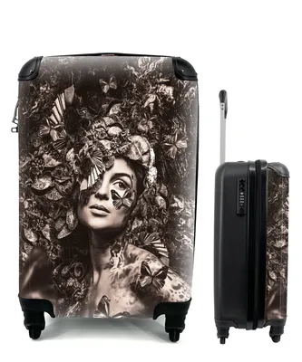 Produktbild von MuchoWow® Koffer Handgepäck Trolley Rollkoffer Kleine Reisekoffer mit 4 Rollen - Frau - Pflanzen - Schmetterling - Cabin Size < 55x40x23 cm & 55x40x20 cm - Fotokoffer - Kabinenkoffer - Boardgepäck - Reise-Box - Reisekoffer - Reisegepäck - Koffer mit Bild - Trolley für Kinder
