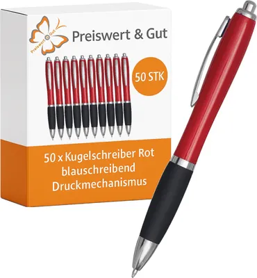 Produktbild von Kugelschreiber Rot 14 cm Druckmechanismus tailliert Kunststoff Stahlklipp blau schreibend Großraummine Schreibgeräte Büro Schule 50 Stück