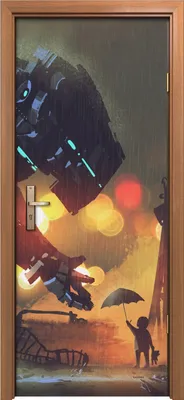 Produktbild von Türposter 80x200 cm Türaufkleber Türtapete Türfolie Klebefolie Kind gibt Regenschirm an Riesenroboter