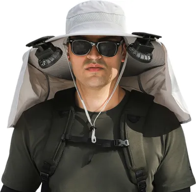 Produktbild von Solar-Ventilator-Hut mit Nackenklappe, LSF 50+, UV-Schutz-Hut mit 2 Kühlventilatoren, wiederaufladbar über USB, atmungsaktiv, für Herren und Damen, Sommer, Outdoor, breite Krempe