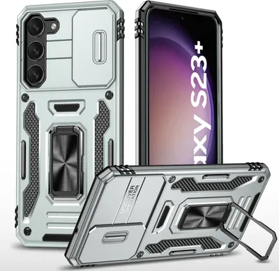 Produktbild von Galaxy S23+ Hülle, Schiebe Kamera Schutz und Ringhalter Ständer Dual Layer Stoßfest Schutzhülle für Samsung Galaxy S23+