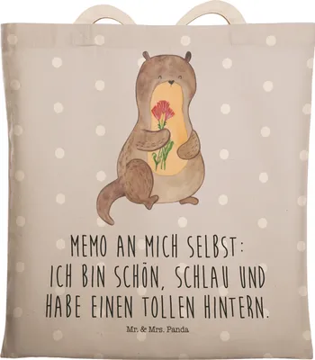 Produktbild von Mr. & Mrs. Panda Tote Bag Otter Blumenstrauß - Grau Pastell - Geschenk, Seeotter, shopping, Süß, Tasche, Achtsamkeit, Einkaufstasche, Selbstliebe, Stofftragetasche