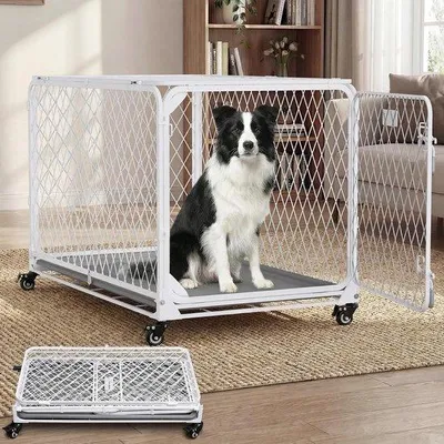 Imagen del producto de Jaula para perros - Transportín - Transporte seguro - Plegable con ruedas - 91 cm - Blanco