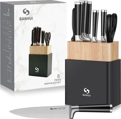 Image de Ensemble de couteaux Unyqoos® Sanhui, 8 pièces, avec bloc à couteaux et aiguiseur : couteaux en acier inoxydable 50Cr15MoV, comprenant un couteau de chef de 8", un couteau à pain de 8", un couteau de découpe de 8", un couteau Santoku de 5", un couteau utilitaire de 5" et une paire de ciseaux de cuisine