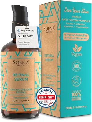 Produktbild von BIO Retinol Serum Hochdosiert - Die beste Retinolform (Retinal) + 7 Power Wirkstoffe = Hyaluron, Vitamin C, Niacinamid - Hochwirksames Retinal - Soena