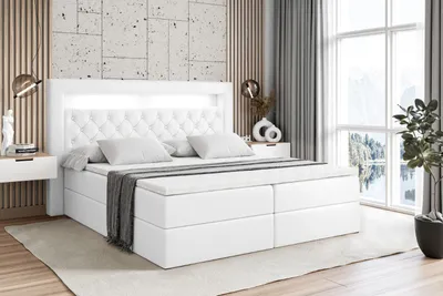 Produktbild von ALTDECOR Boxspringbett mit Matratze (20 cm hoch) und Topper (4 cm hoch), Polsterbett mit Kopfteil, Bettkasten und LED Licht - NOEL GOLD - 180x200 - H4 / Weiß Kunstleder