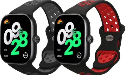 Produktbild von kwmobile 2x Uhrenarmband für Xiaomi Redmi Watch 4 Armband - Fitnesstracker Band Set aus TPU Silikon - Ersatzarmband Smartwatch - Schwarz Rot Schwarz
