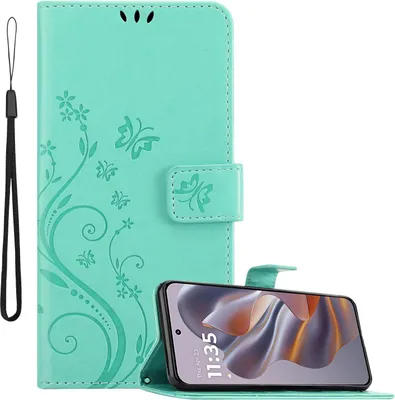 Produktbild von Cadorabo Hülle für Motorola Moto Edge 50 Neo Hülle in FLORAL TÜRKIS Schutzhülle im Blumen Design mit Magnetverschluss, Standfunktion und Kartenfächern Book Case Cover