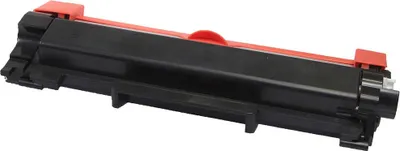 A black and red toner cartridge is shown against a white background.