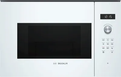 A white Bosch built-in microwave oven is shown from the front.
