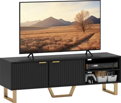 Image de HOMCOM Meuble TV meuble télé bois banc TV pour téléviseur jusqu'à 70 pouces avec placard à 2 portes cannelées, compartiment ouvert et passe-câbles, pour salon chambre à coucher, 140 x 39 x 47 cm, noir