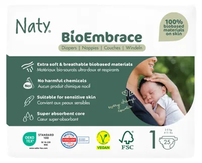 Immagine prodotto di Bioembrace, pannolini taglia 1, per bambini da 2 a 5 kg, confezione da 25 pezzi