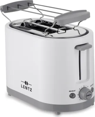 A white and gray LENTZ 2-slice toaster with a warming rack on top, shown from a slightly elevated front-side angle against a white background.