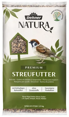 Produktbild von Dehner Natura Premium Wildvogelfutter, Streufutter, Ganzjahresfutter proteinreich / energiereich, hochwertiges Vogelfutter für Wildvögel, 2.5 kg