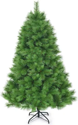 A full shot of a green artificial Christmas tree on a white background.