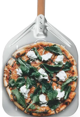 Obrázok produktu pre Perforovaná škrabka na pizzu z hliníka a bukového dreva - optimálna dĺžka (67,5 cm) na pizzu, tarte flambée, chlieb