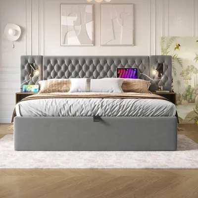 Produktbild von 180x200cm Polsterbett mit Verstellbarer Leselampe & Ladefunktion & Nachttisch, Doppelbett Stauraumbett, mit Bettkasten, Samt, Grau (Ohne Matratze)