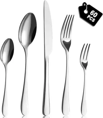 Produktbild von BEWOS Besteck Set für12 Personen - 60 Teilig Essbesteck Set inkl. Messer, Gabel, Löffel, Besteck Edelstahl Spiegelpoliert, Spülmaschinenfest