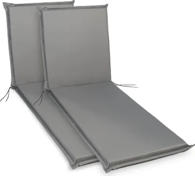 Two gray chaise lounge cushions are shown side-by-side on a white background.