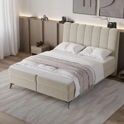 Zdjęcie produktu dla Łóżko kontynentalne Dekori VELUTTO, wymiar 180x200 cm, z pojemnikami na pościel, w komplecie z materacem i dodatkową warstwą (topper), kompletny zestaw. Łóżko tapicerowane, sprężyny Bonell H3 - kolor beżowy (Vibe 08)