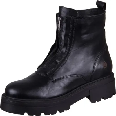 A single black leather boot with a zipper on a white background.