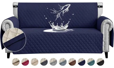 Image de Housse de canapé 2 places, imperméable, matelassée, bleu marine, avec poches latérales, antidérapante et résistante aux griffures pour animaux de compagnie