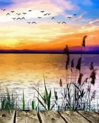 Produktbild von "Malen nach Zahlen: Sonnenuntergang über einem See, 40x50 cm, auf Leinwand und bereits auf einem Rahmen."