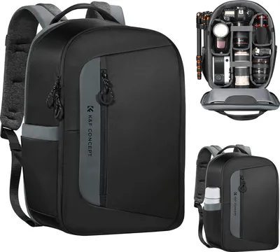 Zdjęcie produktu dla Plecak K&F CONCEPT KF13.158 do przechowywania sprzętu fotograficznego, torba z otwartym dostępem bocznym, dostępna dla laptopów o przekątnej 15,6 cala, z wodoodpornym pokrowcem, paskami do mocowania statywu, bocznymi kieszeniami, kompatybilna z aparatami Canon/Nikon/Sony, obiektywami, statywami, laptopami 15,6 cala, butelkami na wodę i dronami