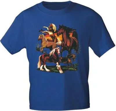 Produktbild von T-Shirt mit Print - Pferde Herde Horses Kaltblut Hengst - 12668 Gr. S-3XL Color - Royal Größe - M