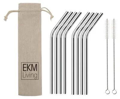 Obrázok produktu pre Slamky z nehrdzavejúcej ocele EKM Living, sada 8 strieborných ohýbaných slamiek GmbH, odolné proti zlomeniu, opakovane použiteľné, vhodné do umývačky riadu, neobsahujú plasty (strieborné ohýbané, 8)