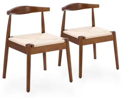 Productafbeelding van Set van twee houten eetkamerstoelen met een zitting van papierkoord en een gebogen rugleuning, in walnootkleur