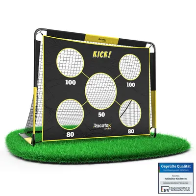 Produktbild von Racetex 2-in-1 Fußballtor Kinder mit Torwand – Fussballtore für Garten Kinder, robust & stabil dank Glasfaserstangen – schnell aufbaubar & leicht gelb