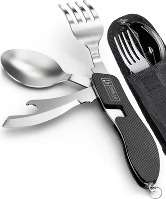Produktbild von 4-in-1 Campingbesteck - Edelstahl Campinglöffel-Gabel-Messer - Dosenöffner - Tragbar und Kompakt