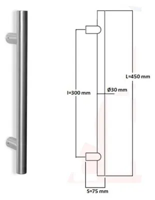 Productafbeelding van Trekhendel, diameter 30 mm - Afstand tussen gaten: 300 mm - Uitsteeksel: 75 mm - Lengte: 450 mm - Roestvrij staal 304, geborsteld, korrel 240