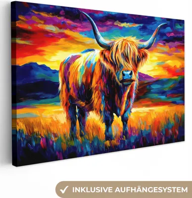 Produktbild von Wanddeko 60x40 cm - Schottisches Hochlandrind - Kunst - Kuh - Tiere - Landschaft, Deko Wohnzimmer, Leinwand Bilder