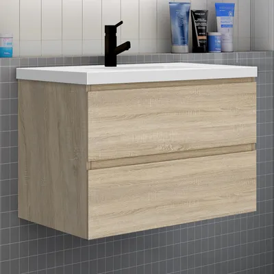 Produktbild von Badezimmermöbel 80cm CINIC-Serie Mineralguss Waschtisch mit Unterschrank Hängeschrank Badezimmerschränke mit 2 Schubladen Eiche