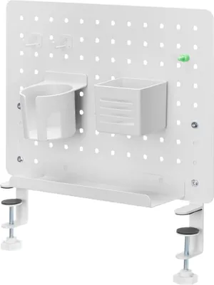 Zdjęcie produktu dla Spacetronik - Organizer biurkowy z blachy perforowanej - Organizer biurowy na słuchawki - Organizer biurkowy na akcesoria - Uchwyt na biurko - Perforowane akcesoria ścienne - 42 cm x 47,7 cm - Biały