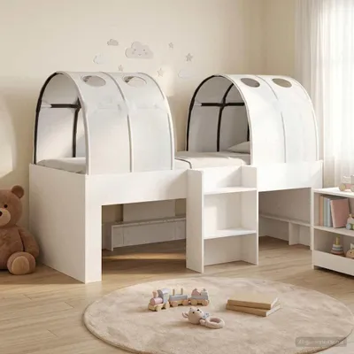 Image de Lit superposé exclusif pour enfants avec tunnel, 3 pièces, en bois blanc