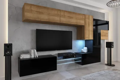 Image de Furnitech Mur de salon - Meuble de salon avec LED RGB - 16 couleurs - Mur de salon suspendu Moderne - Mur d'armoire de salon avec étagères et armoire TV (AN92NEW-21DZB-HGM27)